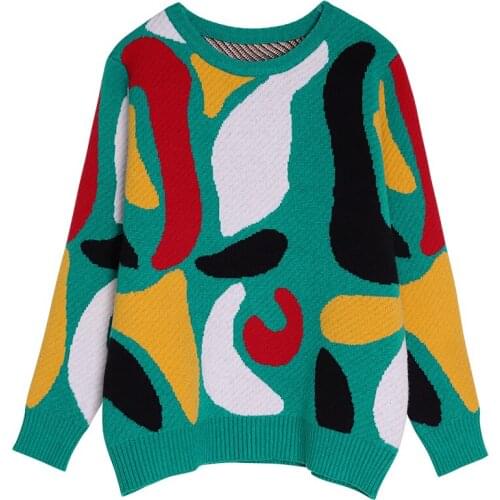 Women New Vintage Warm Sweaters Solid Geometry Contrast Colors Pullovers Winter Autumn Knitted Sweater Retro Loose Tops Blusas