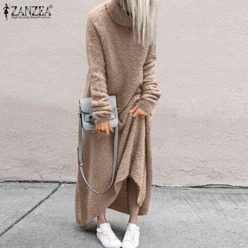 Women Fashion Casual Long Sleeve Sundress Autumn Elegant Turtleneck Solid Kaftan ZANZEA Holiday Loose Maxi Dress Oversized Robe