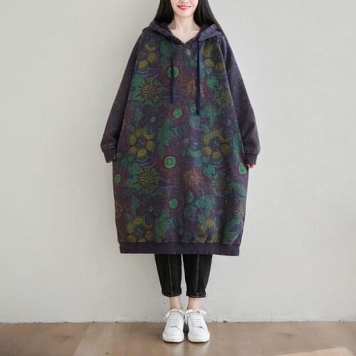 Johnature Women Bat Sleeve Pullover Sweatshirts Print Floral Vintage New Pullover Hooded Hoodies 2021 Spring Long Sweatshirts