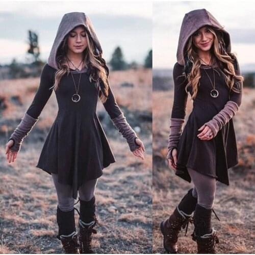 Womens Gothic Hooded Black Skirt Waist Pleated Dress Hoodies Casual Classical Sweatshirt