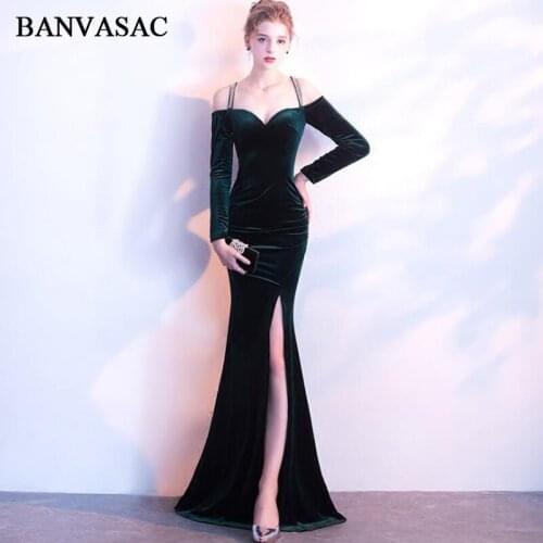 BANVASAC Sweetheart Velour Sexy Split Mermaid Long Evening Dresses Vintage Long Sleeve Crystal Party Prom Gowns