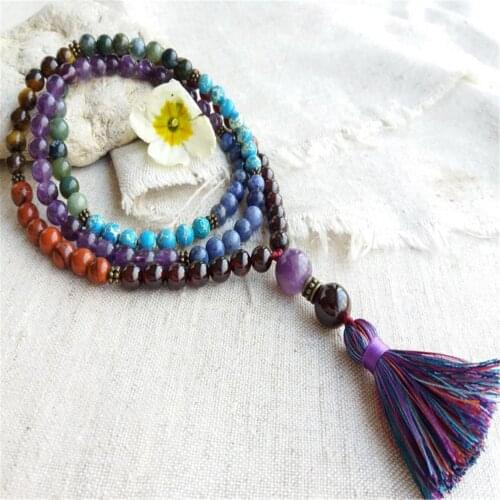 6mm 7 Chakras Gemstone 108 Beads Mala Tassel Necklace Wristband Religious Meditation Retro Japa Yoga Tibetan Spiritua