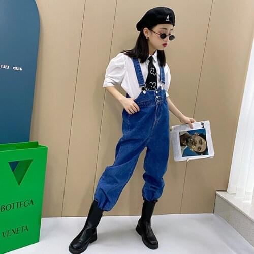 Baby Girls Denim Overalls 2021 Spring New Korean Version of The Big Kids Loose Straight All-match High-waisted One-piece Pants