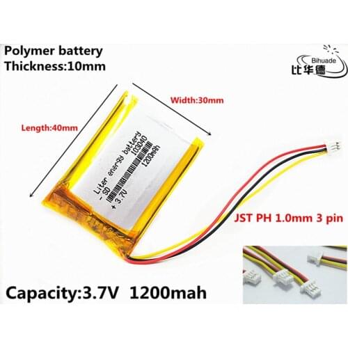 JST PH 1.0mm 3 pin Good Qulity 3.7V,1200mAH 103040 Polymer lithium ion / Li-ion battery for tablet pc BANK,GPS,mp3,mp4