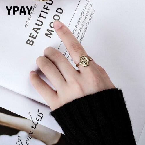 YPAY 100% Real 925 Sterling Silver Open Rings for Women Gold Plated Geometric Oval Adjustable Finger Ring Fine Jewelry YMR959