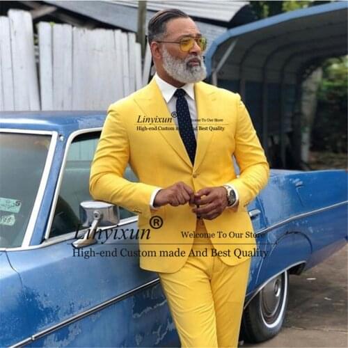 Yellow Mens Slim Fit Suits 2 Pieces Jacket Trousers Peaked Lapel Formal Tuxedos Prom Blazers Male Clothing costume homme