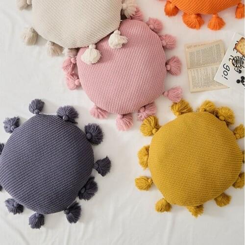 Cute Tassel Soft Round Seat Cushion Fluffy Home Decor Bed Throw Pillow Car Sofa Chair Rest Seat Knitted Plain Back Cushions 40CM