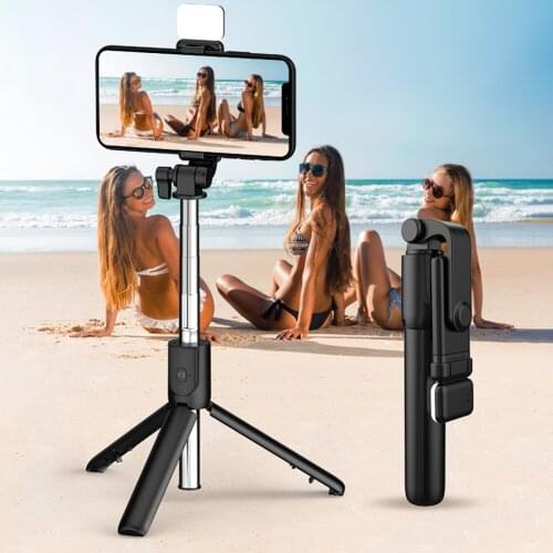 R1 Wireless Extendable Phone Selfie Stick Mini Tripod Bluetooth-compatible Shutter Remote Monopod with Fill Light Adjustable