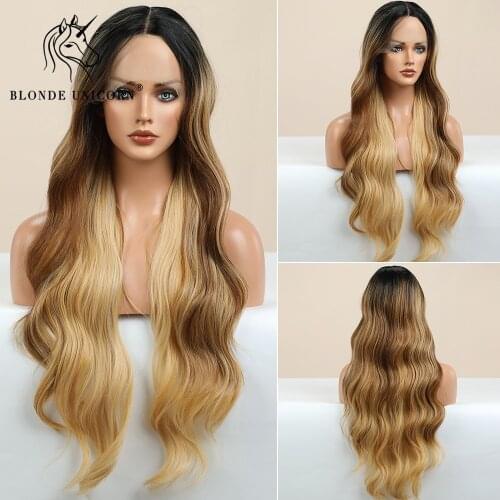 Blonde Unicorn Lace Part Synthetic Long Wavy Wig Ombre Blonde Brown Hair Wigs for Black White Women Daily Hair Heat Resistant