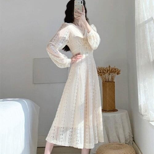 French Eegant Long Sleeve Dress 2021 Autumn New Womens Retro High-end Apricot Lace Hollow Vestidos Ladies Party Dress aq1232