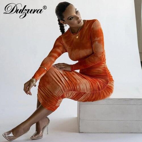 Dulzura Tie Dye Print Women Long Sleeve Ruched Midi Dress O Neck Bodycon Sexy Streetwear 2020 Autumn Winter Clothes Slim Club