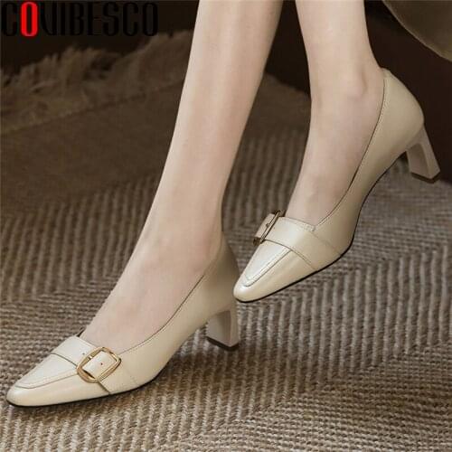 COVIBESCO Classic Dress Women Pumps Concise Fashion Buckle High Heels Spring Summer Basic Genuine Leather Shallow Shoes Woman