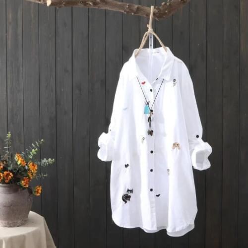 White Shirt Women Plus size Clothing 4XL 5XL Long sleeve 100% Cotton Blouse Embroidery Ladies Tops Casual Button Up Shirts