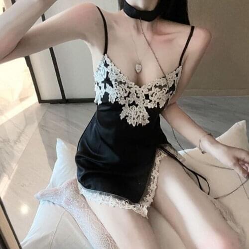 Womens Summer New Sexy Pajamas Womens Thin Water Soluble Flower Lace Strap Split Nightdress