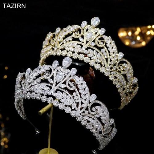 2021 Cubic Zirconia CZ Tall Wedding Crown Zircon Bridal Tiaras Pageant Hair Jewelry Party Headpieces for Women Fit with Dresses