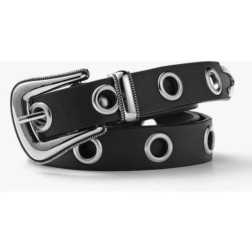 Ladies Hollow Chain Piercing Black Belt Punk Style Pin Buckle Decorative Jeans Belt