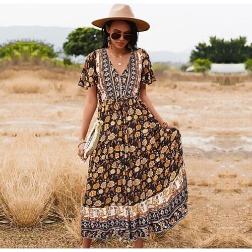 Nice Spring New Floral Print Dress Women Casual V Neck Boho Short Sleeve Print Dress Ladies Summer Elegant Long Dresses