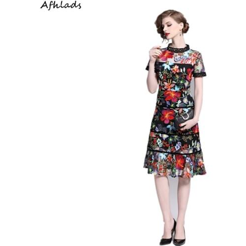 Spring and summer runway lace embroidery flower national style short-sleeved mesh hollow out elegant stand collar vestidos dress
