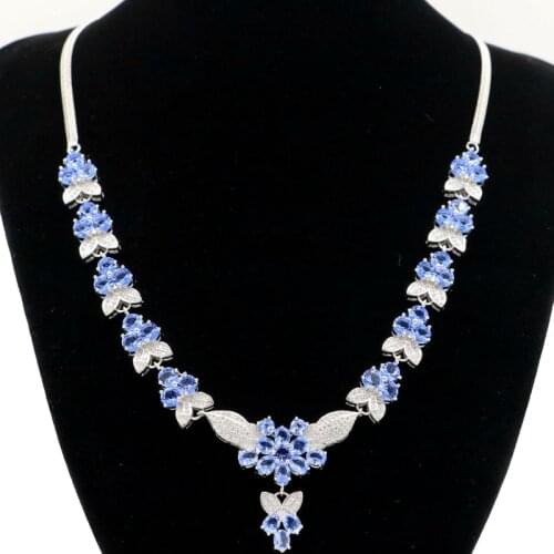 36x26mm Super Big European Design Created Blue Aquamarine CZ For Ladies Wedding Silver Necklace 18-19inch