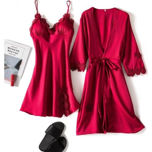 2 Pcs Sexy V Neck Satin Lace Pyjamas Lounge Homewear With Chest Pads Womens Burgundy Robe & Gown Sets Bathrobes Nightdress
