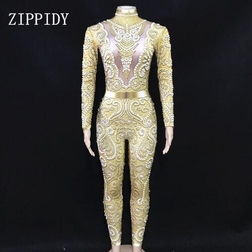 2019 Design Rhinestones Pearls Jumpsuit long Sleeves Big Stretch Sexy Bodysuit Stage Performance Celebrate Nightlcub outfit
