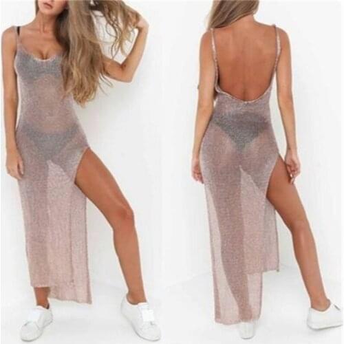 2021 Women Mesh Hollow See Through Beach Cover Up Deep V-neck Sleeveless Sling Halter Slit Dress Bathing Suit Monokini Swimsuit