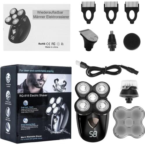 5 In 1 Mens Rechargeable Bald Head Electric Shaver 5 Floating Heads 4D Beard Nose Ear Hair Trimmer Razor Clipper LCD display