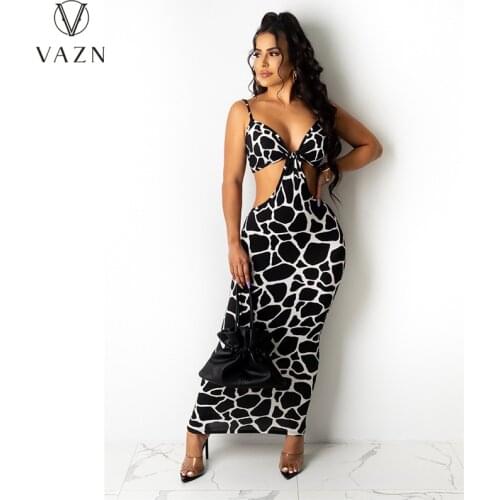 VAZN 2021 INS V-neck Print Sleeveless Leopard Elegant Maxi Dresses Sexy Club Birthday Dress Women Elegant Fashion Dress