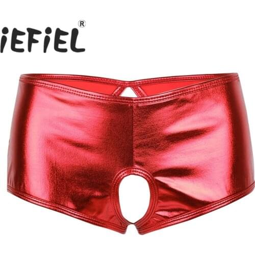 IEFiEL Newest Fashion Wetlook Faux Leather Crotchless Bikini Brief Underwear Underpants Triangle Panties Shorts for Nightwear