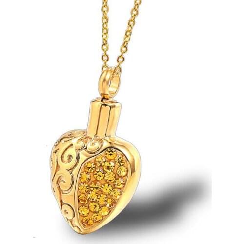 Stainless Steel Gold Heart Crystal Stone Cremation Urn Pendant Necklace Jewelry with Chain