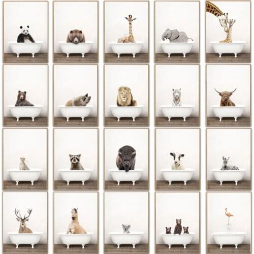 Animal Bathtub Canvas Painting Lion Giraffe Print Wall Art Poster Nordic Children Room Kindergarten Kids Nursery Restoom Decor