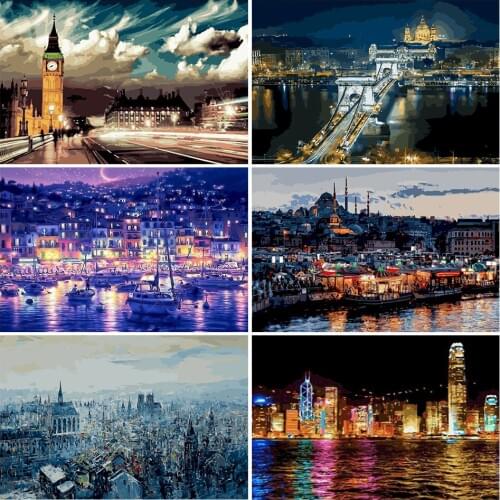 Painting By Numbers DIY City Night Landscape Scenery Room Wall Art Picture Unframed Oil Paint For Adults Home Decoration 50x40cm