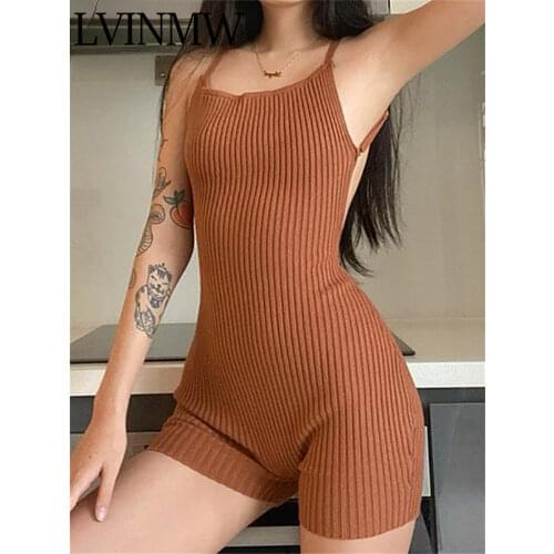 LVINMW Backless Sexy Skinny Ribbed Spaghetti Straps Summer Rompers Sleeveless Casual Solid Sports Hip Lifting Women Playsuits