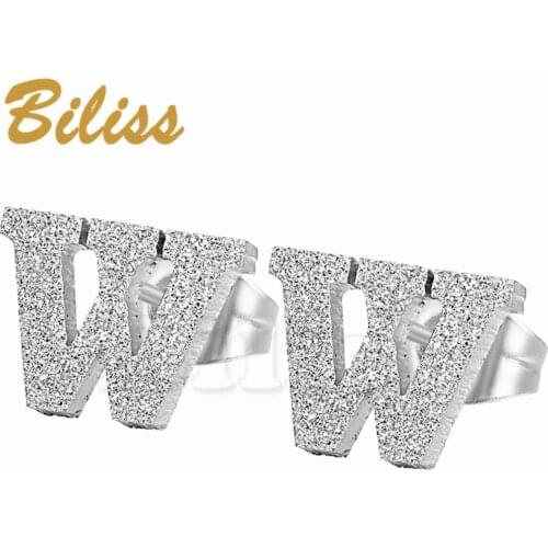 Fashion Silver Color 26 Letters Charm Frosted Initial Letter Stud Earrings Stainless Steel Women Men Jewelry aretes de mujer