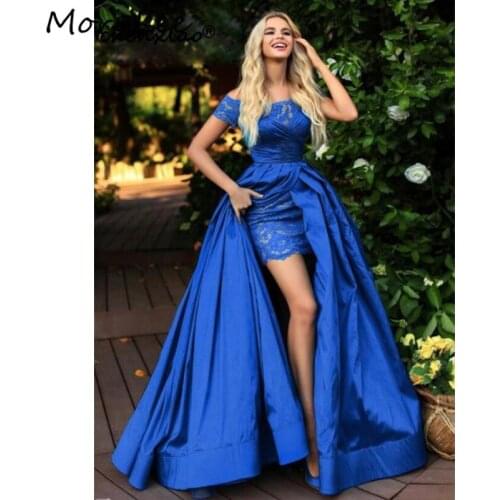 Fashion Evening Dresses With Special Train Boat Neck Off The Shoulder Satin Lace Evening Dress vestidos de fiesta de noche
