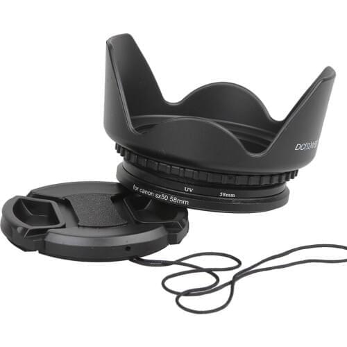 Camera Lens Filter Adapter Set FA-DC58A for Canon SX520 SX50 SX60 to 58mm Adapter + Lens Cap + Lens Hood + UV Filter Accessories