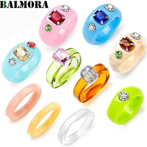 BALMORA Transparent Resin Acrylic Rhinestone Colourful Geometric Square Round Ring Set For Women Girl Chunky Ring Trendy Jewelry