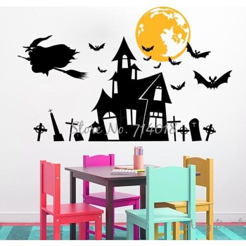 Witchs Haunted House Halloween Wall Decals, Bats Moon Halloween Wall Stickers Home Interior Decor Vinyl Murals Wall Art A968