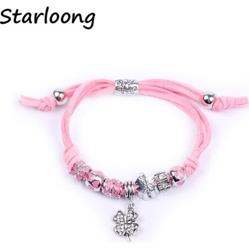 European Style Authentic Tibetan Korean velvet drop oil alloy Four Leaf Clove Charm bracelets Women Original DIY Jewelry Gift