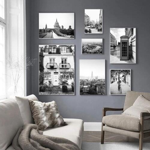 Scandinavian Vintage Style London Street Art Poster Black And White Canvas Printed Landscape Drawing Living Room Wall Decoration