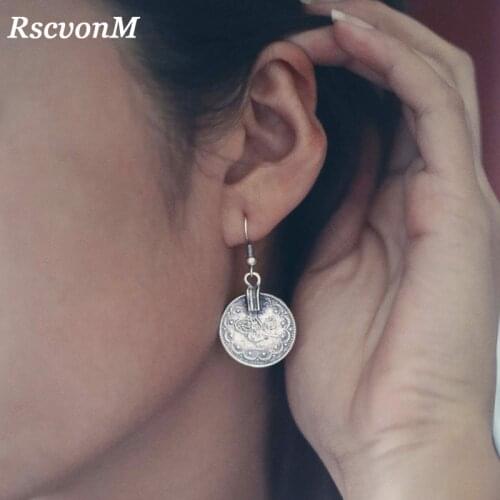 RscvonM New Brand Designer Earrings For Women Circle Coin Silver Color Color Round Coin Bohemia Wedding Bride Fashion Jewelry