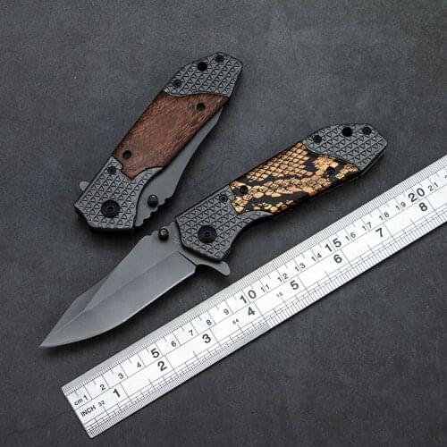 7.87'' Folding Knife Survival Tactical Pocket Knife Wood Handle Outdoor Camping Hiking Hunting Knives Self-defense EDC Tool