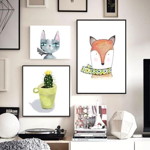 Modern Simple Animal Print Canvas Painting Nordic Small Fresh Cat Fox Cactus Poster Living Room Bedroom Wall Art Decor Pictures