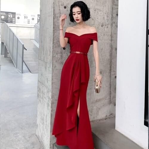 Evening Dress Boat Neck Ruched Ankle-Length Zipper Back Mermaid Burgundy Off The Shoulder Plus size Women Formal Party Gown C580