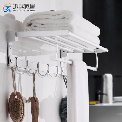 Towel Rack Punch-Free Shower Holder Bathroom Accessories Folding Wall Organizer Hook Hanger Matte Silver Aluminum Storage Shelf
