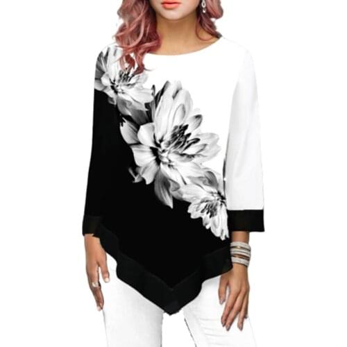 Irregular Floral Print Womens Long Sleeve T shirt O-Neck Fashion Clothing Female Tee Shirts Casual S-5XL Ladies Top Clothings