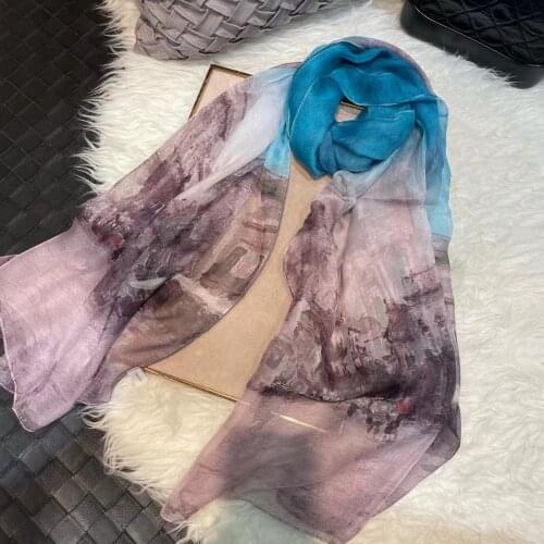 [BYSIFA] New Chiffon Silk Scarf Summer Fashion Women Pure Silk Long Scarves Shawl Fall Winter Grey Blue Beach Shawl Neck Scarf