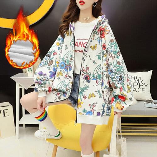 Women Plus Velvet Thick Zipper Hoodie Casual Hoodies Loose Floral Print Sweatshirt 2021 New Autumn Winter Female Hooded Outwear