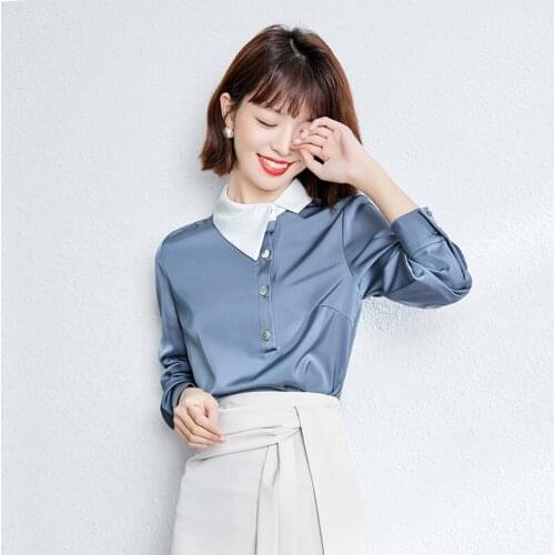 T-shirts Women Pearl Beading Long Sleeve 2021 New Spring Summer Autumn Women Casual Slik Fabricsilks Satins OL Style C2379