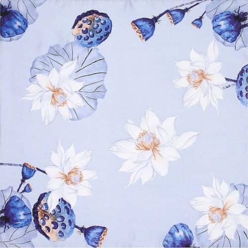 POBING 100% Silk Scarf Woman Lotus Floral Print Square Scarves Luxury Bandanas Small Hijab Foulards Lady Tie Headband 53x53CM